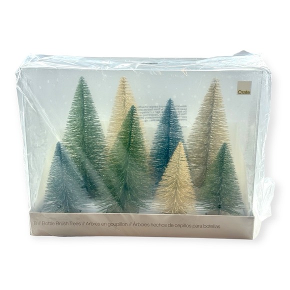 Other - Crate & Barrel Sage & Silver Bottle Brush Christmas Trees Set of 8 New Sealed